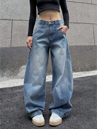 女式宽松阔腿牛仔裤，带口袋，筒形牛仔裤