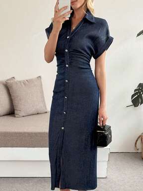 Women's Elegant Pleated Single-Breasted Solid Color Short Sleeve Collar Shift Dress, Woven Fabric, Summer