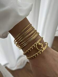 1pc Fashionable Geometric Line Stainless Steel 18K Gold Color Bracelet, Autumn/Winter Personalized Bangle Jewelry, Minimalist Wide Face Stackable High-End Women Bracelet