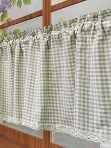 1pc Farmhouse Style Plaid Pattern Linen Short Curtain, Unique Crochet Lace Trim Decor, Cafe Style Curtain With Rod Pocket Top, Suitable For Kitchen & Bathroom Windows - Khaki - View 9