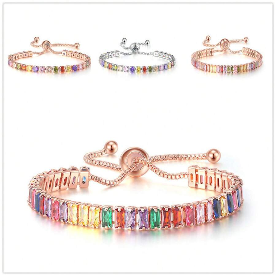 1Pc European And American Style Colorful  Bracelet For Women Full Diamond Crystal Tennis Bracelet - Kiểu 1-Vàng hồng - Xem 1