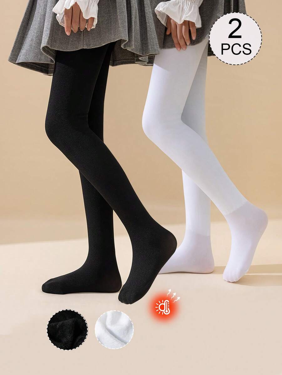 2/1 Pair Girls/Kids/Toddlers Solid Color Leggings/Tights, White, Black, Stirrup Tights, Thermal Lined Pants, Versatile Stirrup Leggings, Smooth, Soft, Skin-Friendly, Suitable For School, Princess, Cute Styles, Ideal For Spring, Autumn, Winter Daily Wear - Multicolor - View 1