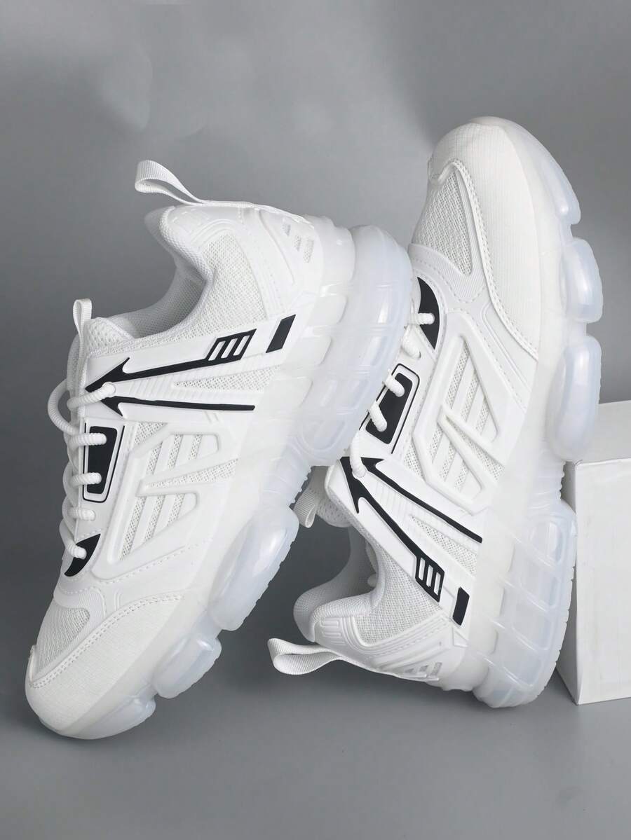 2025 New Men's Casual Sports Shoes, Thick Sole, Anti-Slip, Breathable Mesh, Soft & Comfortable, Black & White Color Block, Air Cushion, Shock Absorbing, Comfortable Men's Running Shoes