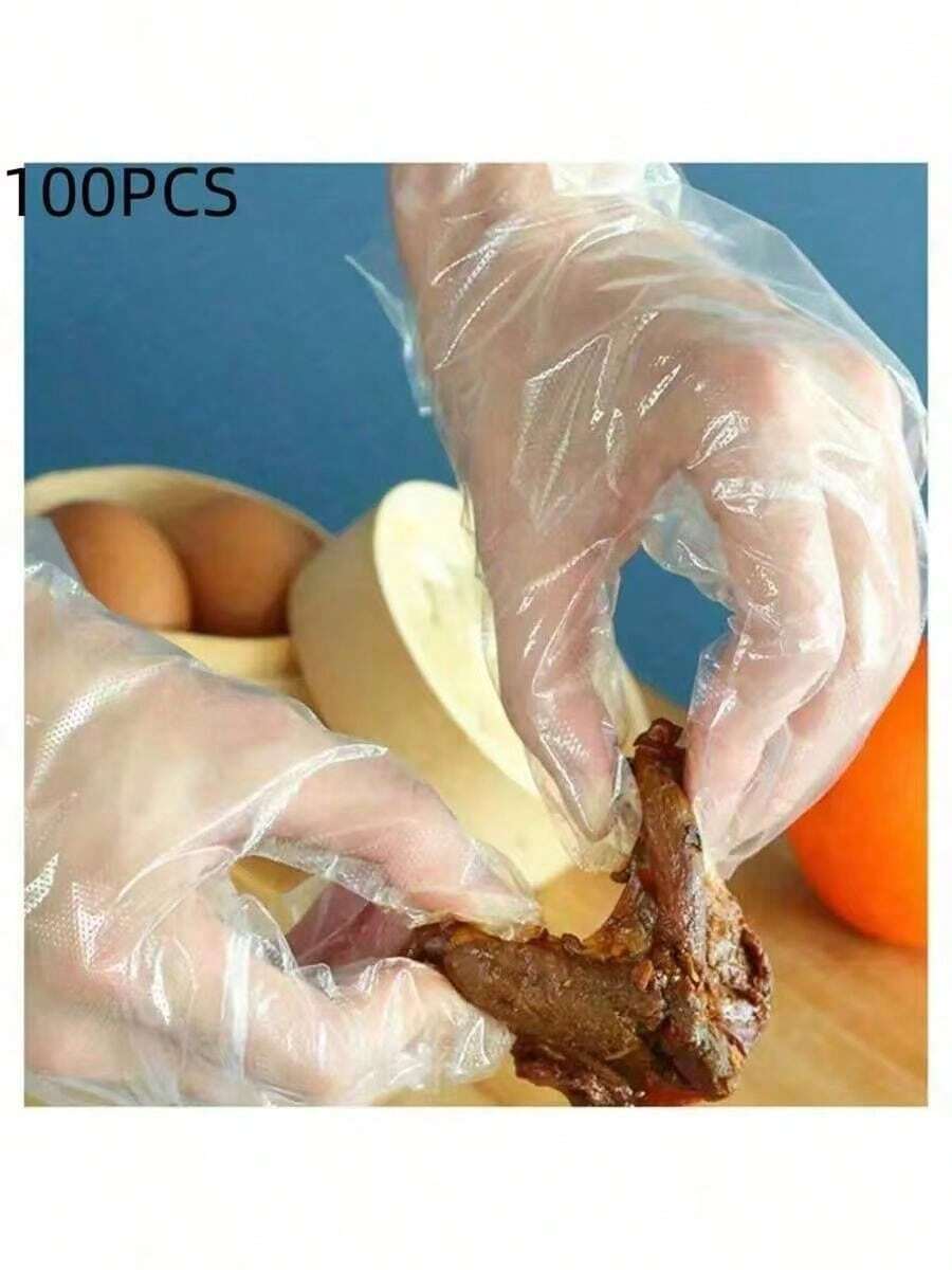 100 piezas Guantes desechables transparentes, Guantes de plástico transparentes, Guantes de para preparación de alimentos sin látex, Usados para cocinar, limpiar, barbacoa, cocina