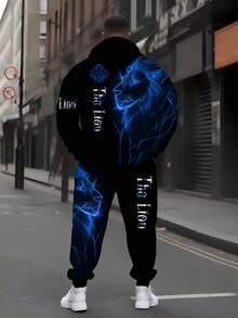 Conjunto de chándal de talla grande para hombres altos con estampado de león, estilo minimalista de moda, conjunto promocional de invierno, sudadera con capucha con cordón y pantalones, conjunto de 2 piezas, cómodo y holgado, adecuado para primavera, otoño e invierno