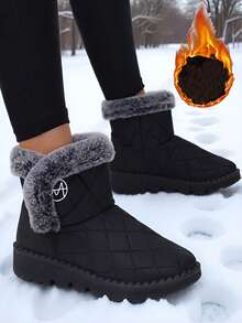 Botas de nieve para mujer con forro térmico grueso para exteriores, de media pantorrilla con puntera redonda y tacón plano, tallas grandes del 36 al 45, botas altas de invierno resistentes al frío, botas para mujeres de mediana edad, color negro - Negro - Ver 6