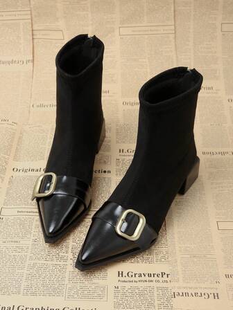 2025 New Fashion Elegant Buckle Decor Women's Short Boots, Pointed Toe Chunky Heel Back Zipper Mid-Calf Black Dress Boots, Suitable For Street, Business, Party, Wedding, Nightclub, Chelsea Classic Boots