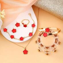 Five-Petal Flower 5-Piece Set Necklace Bracelet Bangle Earrings Ring Elegant Set - Hồng - Xem 9