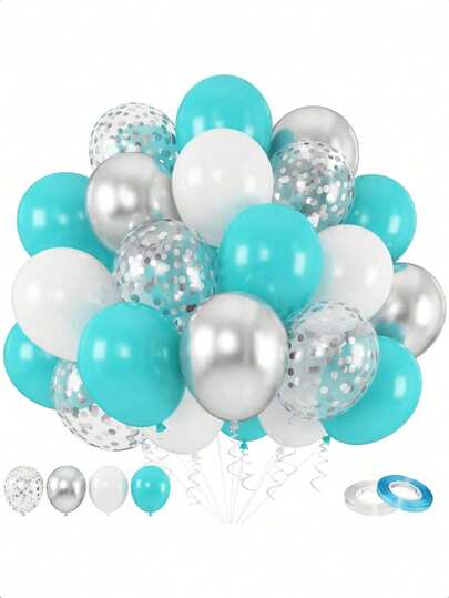 41pcs/Set Turquoise & Silver Balloons, 10/12 Inch Turquoise, White, Blue & Green Balloon Set With Metallic Silver Confetti Balloons, Suitable For Birthday, Baby Shower, Wedding, Bridal Shower, Anniversary Party Decoration