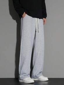 1pc 男士抽绳腰宽松阔腿休闲运动裤，秋冬 - 淺灰色 - 查看 4