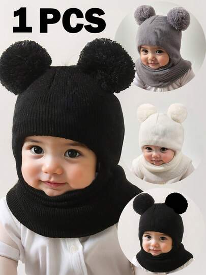1 Adet Unisex Siyah Bere Şapka, Çocuk ve Bebekler İçin Çift Ponponlu Bere, Y2K Tarzı, Yenidoğan İçin Açık Hava Örgü Şapkası, Günlük Yolculuklar İçin Uygun Sıcak Kış Şapkası