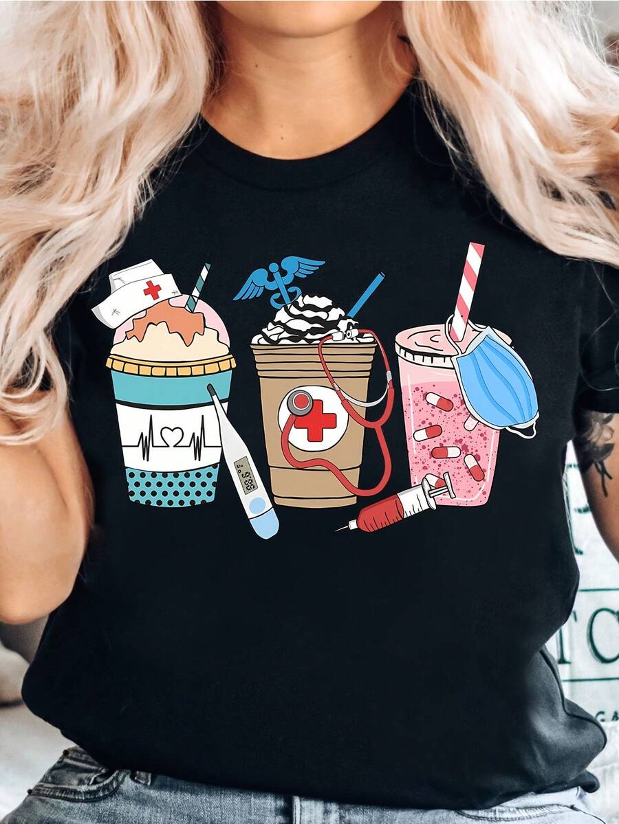 Nurse Appreciation Day Coffee Print T-Shirt - Perfect Gift for Doctors & Nurses, Casual Cotton Blend, Machine Washable, Summer Round Neck Tee