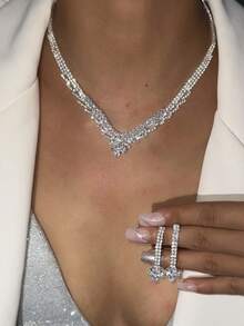 Elegant Luxury High-End Bridal Wedding/Banquet Dress Accessory Set - Rhinestone Teardrop Flower Pendant Earrings & Necklace 2 Pieces Jewelry Set