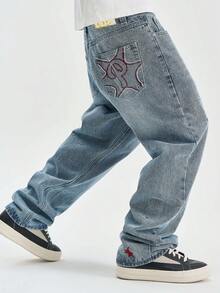 Jeans holgados y acampanados de estilo vintage para hombres con detalles de borde crudo - Denim azul, estilo callejero, lavable a máquina, cómodo durante todo el año, con patrones bordados, detalles de estilo de alta calle, pantalones vaqueros de ropa de calle | Denim de estilo callejero | Pantalones vaqueros de unicolor