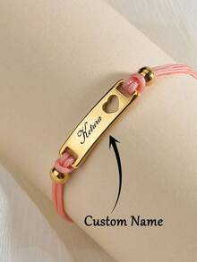 Personalized Colorful Rope Bracelet With Engraved Text, Customized Hollow Moon & Heart Stainless Steel Bracelet, Blue & Pink Braided Rope Bracelet, Birthday Gift, Back To School Gift, Halloween Decor, Halloween Gift, Easter Gift - Heart-shaped - View 3