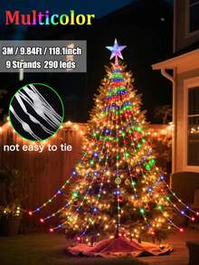 Solar Waterfall String Lights,Christmas Tree Lights Outdoor Waterproof,Garden Light String ,9 Strands,2m 200leds 3m 290leds Christmas Tree With Topper Star Lights String ,8 Modes Atmosphere Light, Fairy Lights For Garden, Wedding, Tree, Wall, Party Christmas Decoration(Warm White/Multicolor)