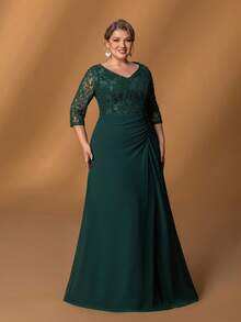 Faeriesty Mosy ​Plus Size Mother Of The Bride Dress: Elegant V-Neck, 7/8 Sleeve & Lace Bodice, Flattering Thigh Slit, Ruched Mermaid Skirt - Perfect For Formal Weddings, Gala Dinners, Black-Tie Events, Grand Celebrations​