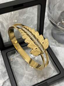 1 pièce Bracelet épais ajouré en forme de feuille pour femmes, bracelet jonc doré en acier inoxydable. Bracelets pour usage quotidien, fête, anniversaire, Noël, cadeaux de bijoux - Multicolore - Voir 9