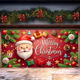 1 大型圣诞车库背景装饰背景，圣诞老人礼物红色装饰户外车库背景，主题派对装饰，多种尺寸可选