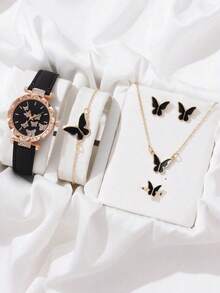 6 Stücke/Set Jugendliche einfache Bar Markierung Schmetterling Zifferblatt Lederarmband Quarzuhr + elegante Halskette Geschenkset, geeignet für Geburtstag, Abschluss, Schulabschluss usw.