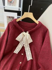Áo khoác cardigan nữ kiểu dáng thường ngày có nơ trang trí, màu trơn thoải mái, lựa chọn lý tưởng cho mùa thu/đông. - Đỏ - Xem 5