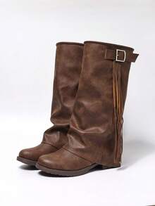 2025秋冬季棕色流苏装饰搭扣套脚厚底低跟圆头优雅百搭舒适时尚休闲/工作中筒靴女款，西部靴，牛仔靴 - 棕色 - 查看 13