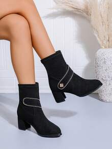 Damen Ankle Boots mit Blockabsatz und spitzer Zehenkappe, High Heel Elastikstiefel, Damen Slip-On Stiefeletten für Herbst/Winter