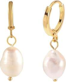 Women's Gold Pearl Stud Earrings |   14K Gold Plated Round Earrings With White Pearls
