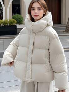 Jaqueta feminina grossa com capuz e enchimento de plumas, elegante e acolchoada, estilo vintage, quente e espessa, parka casual para o inverno. - Branco - Ver 2