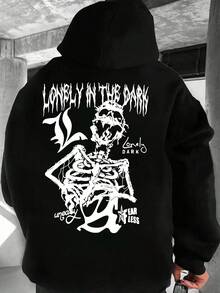 Sudadera gráfica informal para hombre y mujer - Tejido de punto de poliéster con ligera elasticidad, diseño de patrón geométrico con bolsillo frontal, sudadera con capucha de ajuste regular con tipografía oscura sin miedo y solitaria - Colección primavera/otoño - Negro - Ver 1