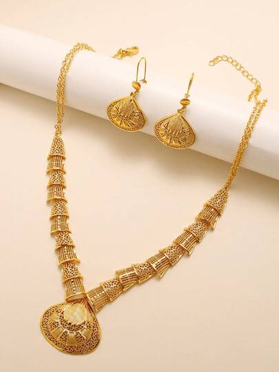 3 Stücke/Set elegantes muschelförmiges Schmuckset - Halskette und Ohrringe in goldfarbener Kupferplattierung. Geeignet für den täglichen Gebrauch von Damen, Partys, Feste und Hochzeitsaccessoires.