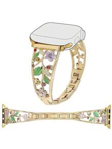 1pc Women's Fashion Hollow Flower Metal Watch Band, Compatible With Apple Watch 38mm 40mm 41mm 42mm 44mm 45mm 49mm S10 42mm S10 46mm, Palace Style Zinc Alloy Rhinestone Watch Band, Compatible With Series Ultra 2 S10 SE 9 8 7 SE 6 5 4 3, Fashion Accessory, Gift - Gold - View 1