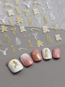 4张3D金色圣诞美甲贴纸，金属金色小鹿、小熊、雪花、星星图案，新年装饰美甲贴片 - 彩色 - 查看 4
