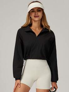 MASKERT 女士半拉链长袖外套，防晒上衣，拉链立领瑜伽上衣，跑步运动服，柔软亲肤 - 黑色 - 查看 5