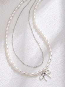 2 件奢华甜美双层水晶蝴蝶结珍珠项链，精致锁骨链项链配饰女士