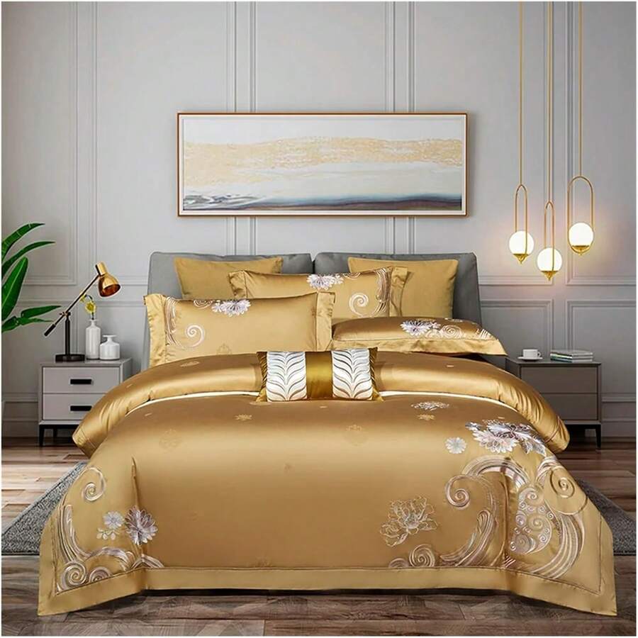 Gold Jacquard Bedding Set King Queen Size Embroidery Bed Linen 1000TC ...