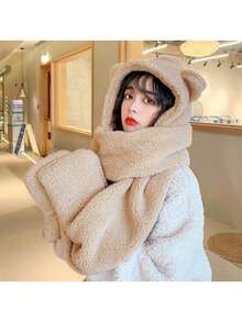 Plush Bear Ear Beanie Scarf Set, Cute Knitted Winter Hat For Women, Warm Thermal Lined Fall Valentines Gift,Beach,Travel - Multicolor - View 12