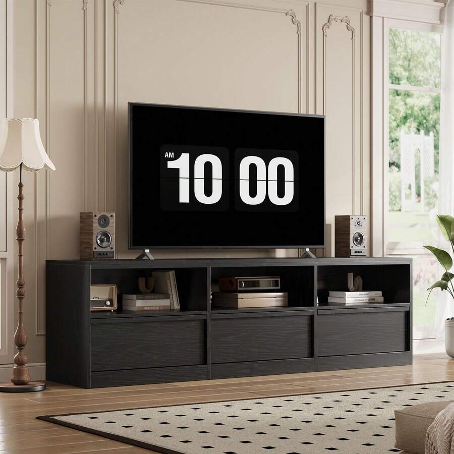 Mueble TV de 70 pulgadas para TVs de 75", centro de entretenimiento moderno de mediados de siglo con cajón de almacenamiento y estantes abiertos, gabinete de consola de medios de madera para sala de estar/dormitorio - Negro - Ver 1