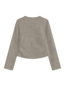 女式韩版蝴蝶刺绣V领修身长袖T恤，秋冬 - 卡其色 - 查看 5