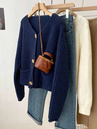 Solid Color Pocket Sweater, Casual Loose Fit Long Sleeve Crew Neck Chunky Knit Cardigan Jacket