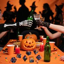 7pcs/Set Acrylic Polyhedral Dice With Skull, Bat, Pumpkin Lantern Patterns, Board Game, Outdoor Yard Game, Halloween, Christmas Gift, Gift Box