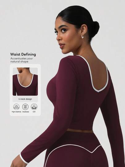 Sodalemon 女士健身健身衫撞色弹力长袖上衣短款健身训练跑步运动T恤