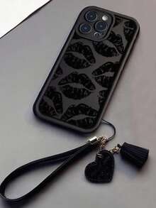 1pc Minimalist Fashion Full-Screen Lip Print High-End Textured Thick Anti-Drop Phone Case, Includes New Leather Heart-Shaped Wrist Strap DIY Phone Case Accessory, Tassel Pendant, Short Wristband Charm, Suitable For IPhone Series