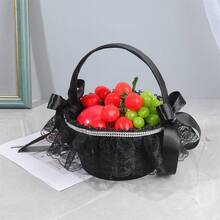 Flower Girl Satin Baskets Elegant Lace Trimmed Handle Bow Rhinestone Flower Baskets For Wedding Ceremony ﻿ - Black - View 3