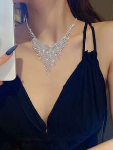 1PC Luxury Crystal Tassel Necklace For Women Shiny Geometric Full Rhinestone Chain Choker Necklace For Dress Nightclub Jazz Dance Jewelry - Style 1 - View 6