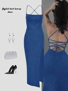 Đầm trơn màu trơn gợi cảm, kiểu dáng chéo, hở lưng, xẻ cao, thích hợp cho các bữa tiệc mùa hè. - Màu xanh lam - Xem 2
