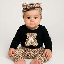 Sempre Bebê Baby Girl Clothes Set Kit, Female Long Sleeve Bodysuit, Blogger Pants, Outfit, Bear, Leopard Bow Set - 米色 - 查看 2