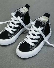 Zapatos De Lona De Alta Calidad Con Cordones En Colores Sólidos Para Chicas, Zapatillas Transpirables Y Ligeras Para Caminar Y Hacer Skate, Ideales Para Primavera Y Otoño. - Blanco y Negro - Ver 1