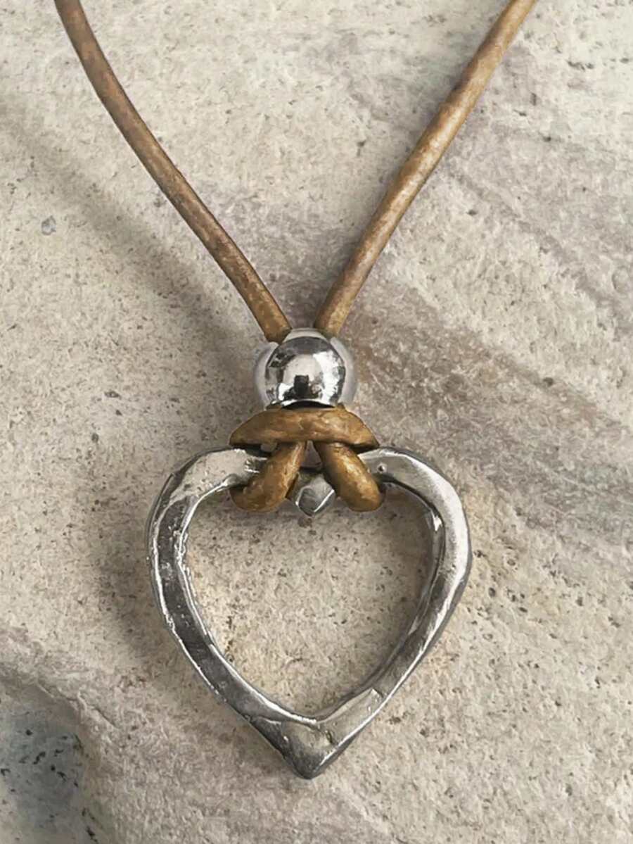 1pc Boho Style Brown Leather Cord Necklace With Heart Spiral Pendant, Pearl Clasp Decor - Nhiều màu - Xem 1