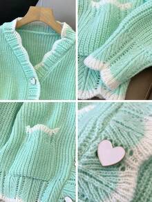 JIANHU Fresh V-Neck Loose Short Knit Cardigan, Spring/Autumn - Mint Green - View 9